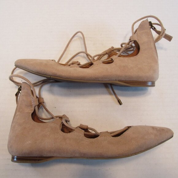 Nine West Beige Lace Up Tie Back Zip Sign Me Up Faux Suede Ballet Flats Size 6M - Picture 4 of 11